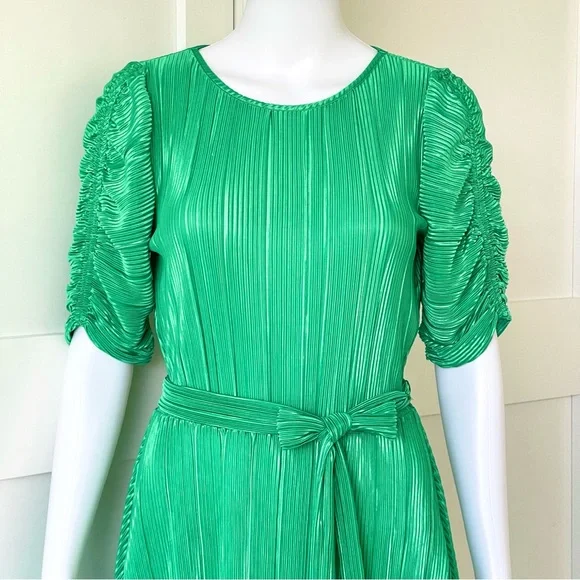 DKNY Satin Pleated Dress Ruched Sleeve Crew Neck Tie-Waist A-Line Pullover Style - Picture 4 of 16